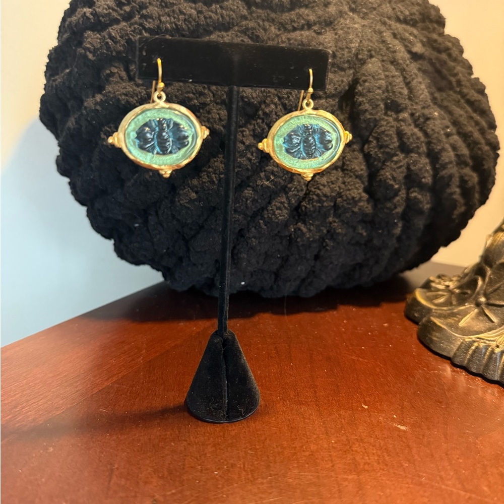 Gold-Tone Earrings with Blue-Green Enamel Accents